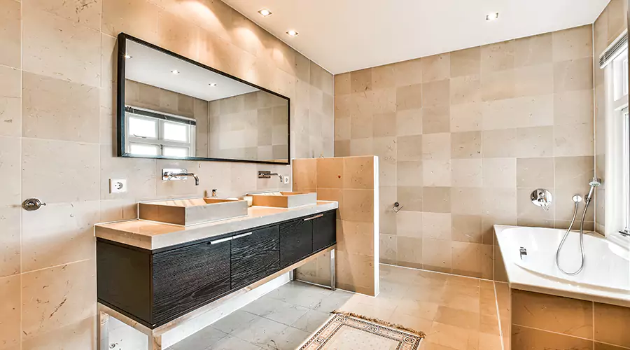 Modern Beige Bathroom Renovation With Floating Vanity